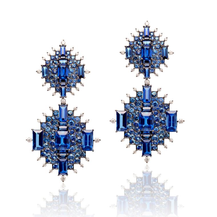 Nam Cho detachable and convertible earrings with kyanites, blue sapphires and diamonds.